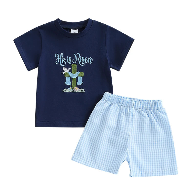 Boy's Easter Bunny/Cross T-shirt Plaid Shorts Set