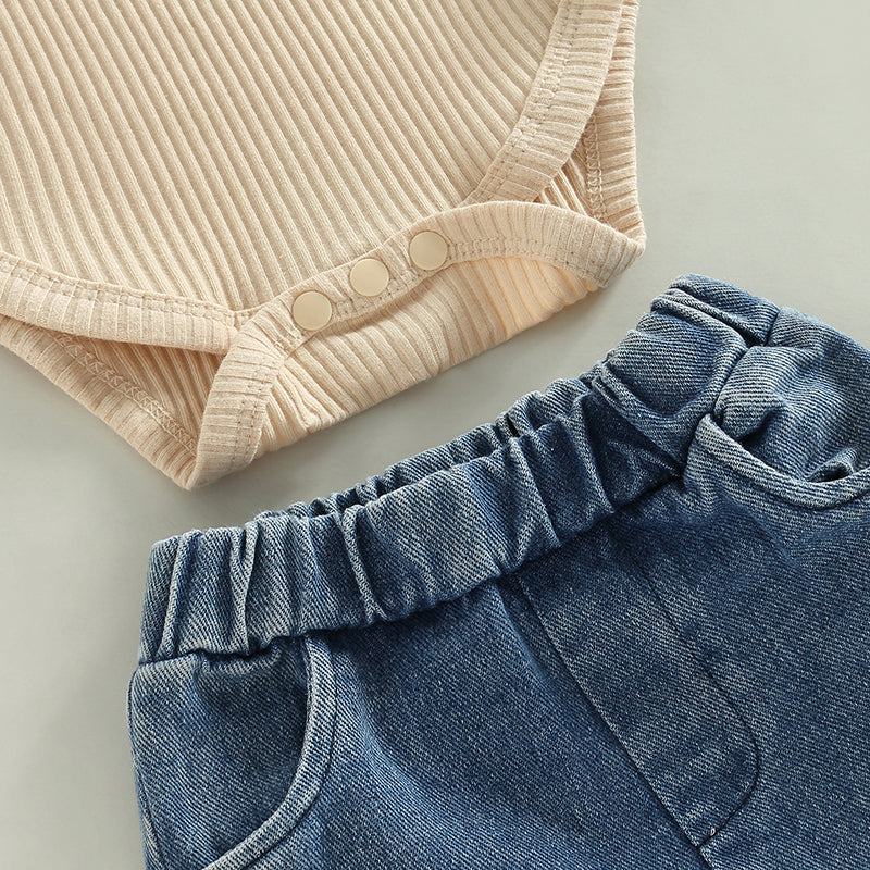 Girl's Ruffled Top, Denim Bell-Bottoms & Bow Headband Sets
