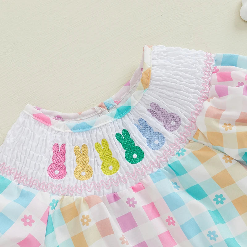 Girl's Smocked Floral Embroidered Easter Bunny Rompers