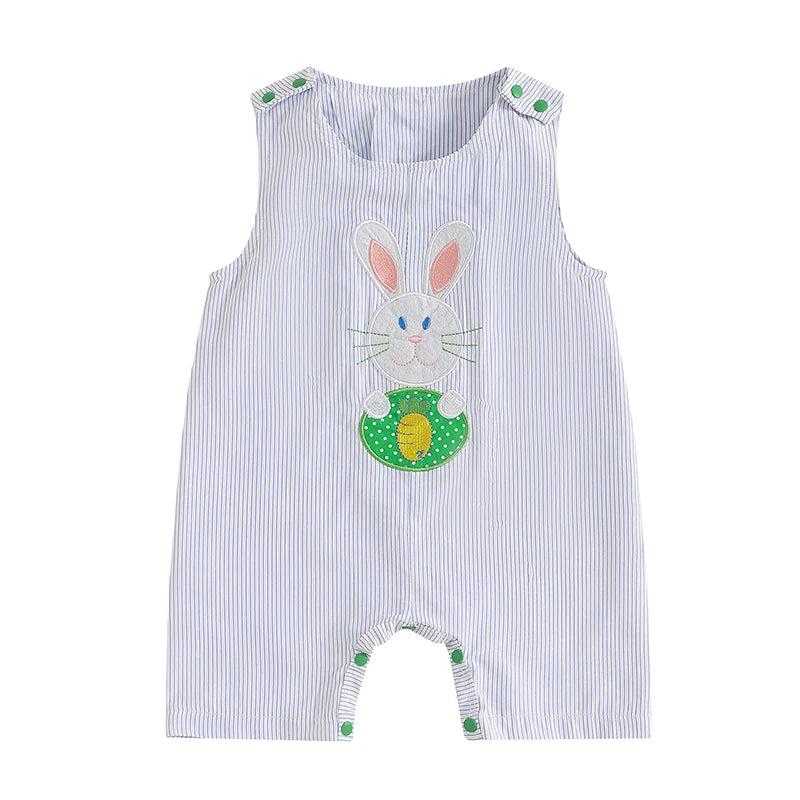 Boy's Striped Easter Bunny Embroidered Sleeveless Jumpsuit