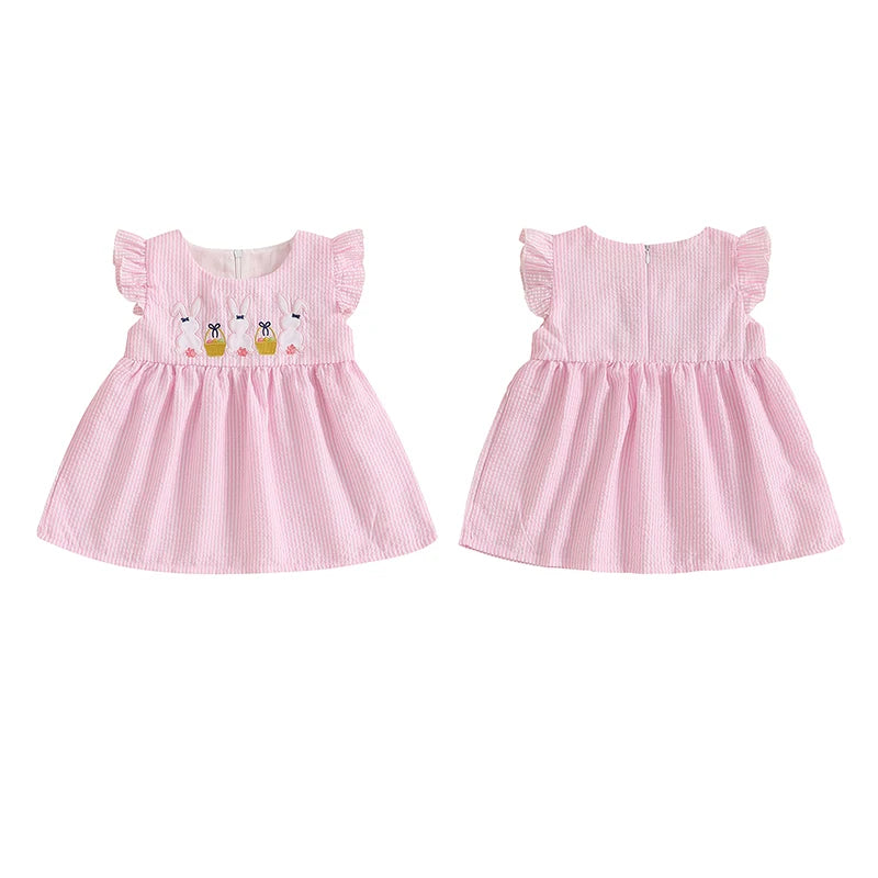Girl's Dress Ruffle Sleeveless Round Neck Bunny Embroidered Loose Dress Vacation Dress