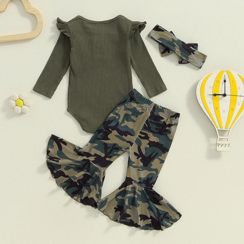 Girl's Ruffled Onesie, Camo Pants & Bow Headband Sets