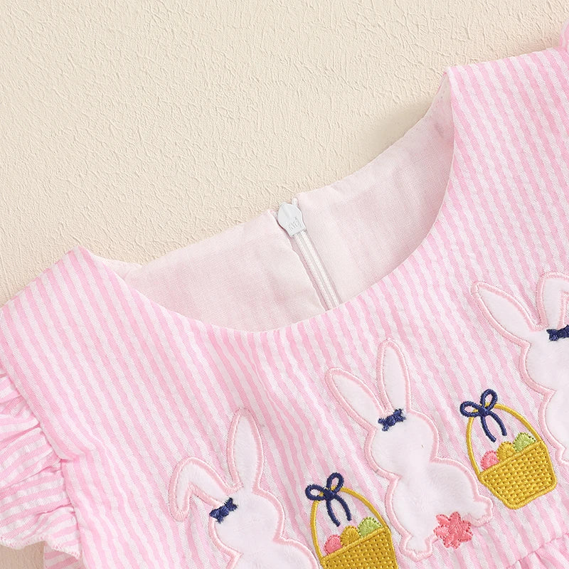 Girl's Dress Ruffle Sleeveless Round Neck Bunny Embroidered Loose Dress Vacation Dress
