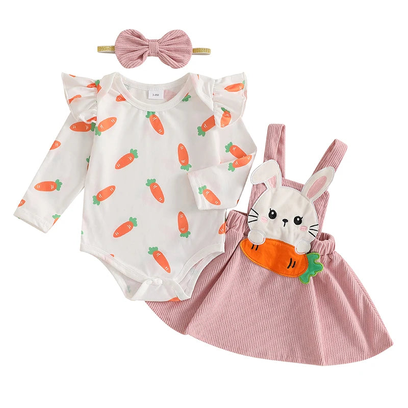 Girl's Easter Skirt Carrot Bunny Romper Carrot Embroidered Suspender Skirt & Headband Set