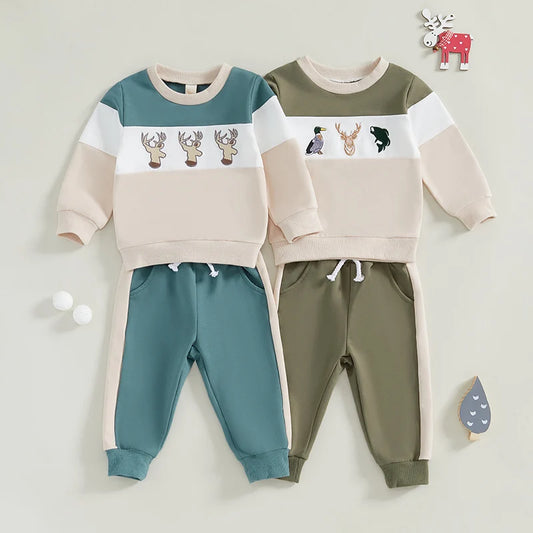 Boy's 2-Piece Embroidered Deer & Duck Hunting & Fishing Sweatshirt & Pants Sets