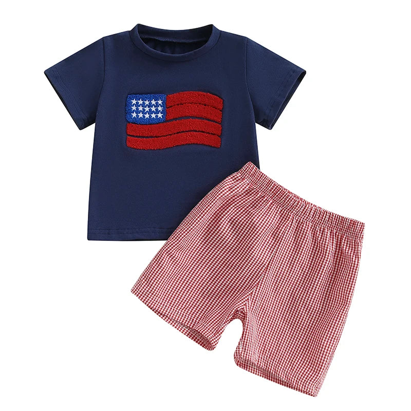 Boy's 2-Piece 4th of July Embroidered Flag T-Shirts & Plaid Shorts Sets