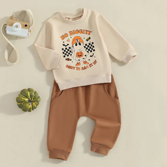 Girl's & Boy's 2-Piece Halloween Ghost Embroidered "No Diggity" Sweatshirt & Sweatpants Sets