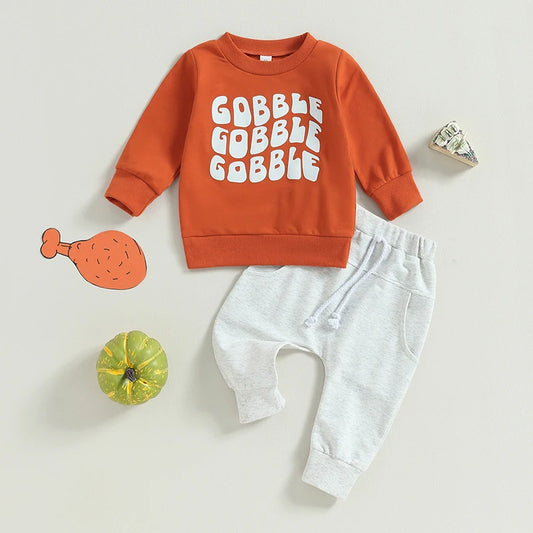 Boy's & Girl's 2-Piece Thanksgiving "Gobble Gobble" Sweatshirt & Pants Sets