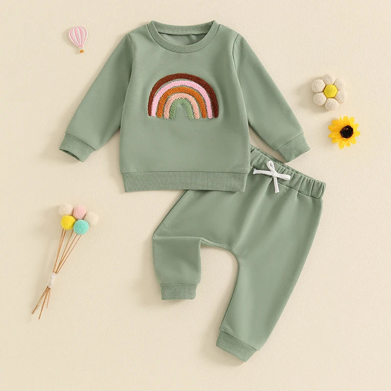 Girl's Embroidered Rainbow Sweatshirt & Pants Sets