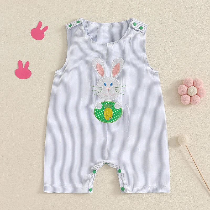 Boy's Striped Easter Bunny Embroidered Sleeveless Jumpsuit