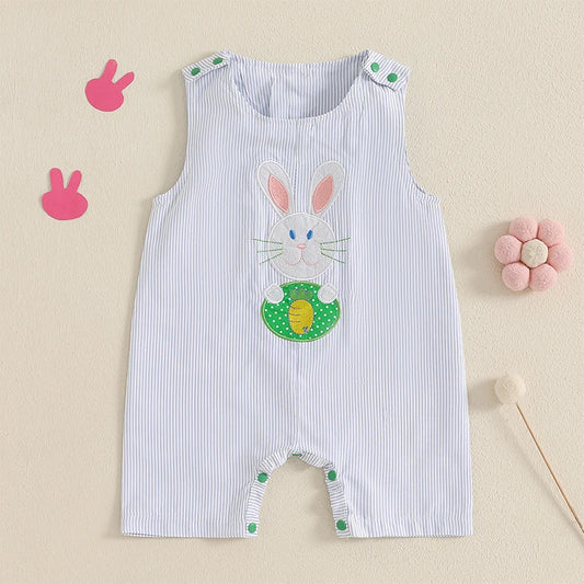 Boy's Striped Easter Bunny Embroidered Sleeveless Jumpsuit