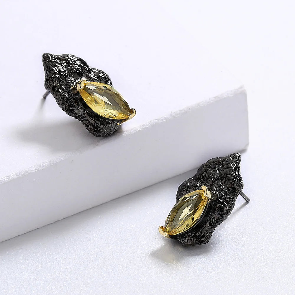 Medieval Black & Gold Style Yellow Zircon Earrings