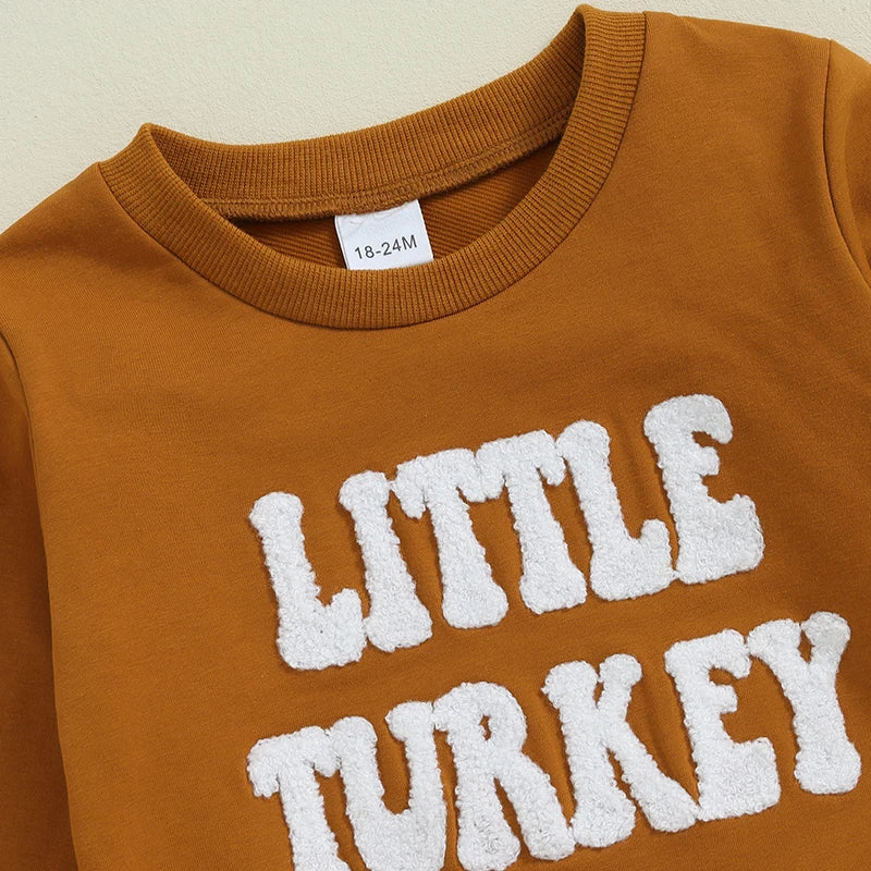 Girl's 2-Piece Embroidered "Little Turkey" Thanksgiving Sweatshirt & Plaid Tulle Skirt Sets