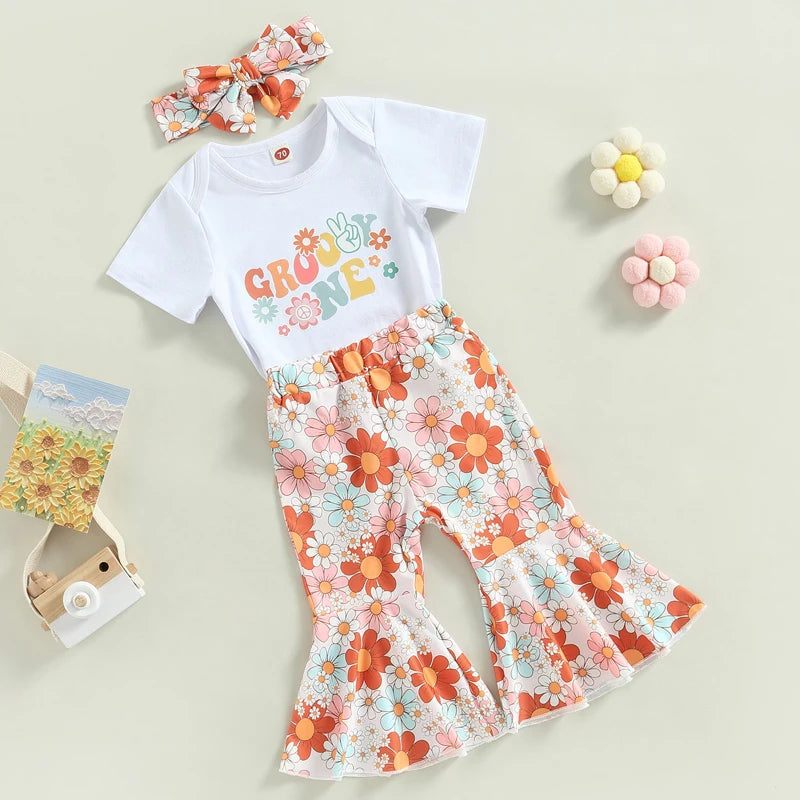Girl's Floral "Groovie One" Onesie, Flared Pants & Bow Headband Sets