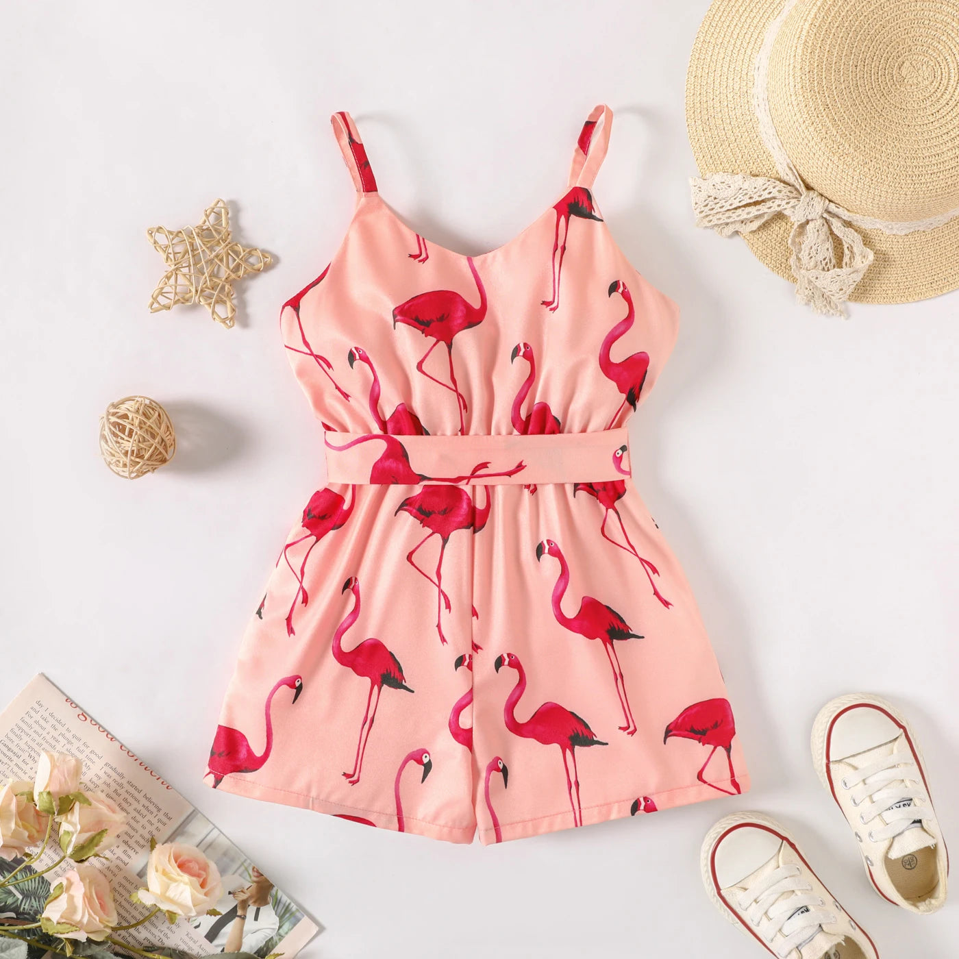 Girl's Flamingo Print Button Belted Cami Romper Shorts
