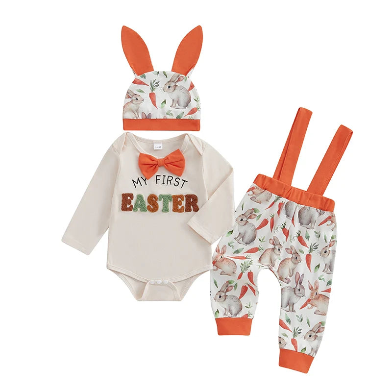 Boy's Embroidered "My First Easter" Bunny Bowtie Onesies, Suspender Pants & Hat Sets