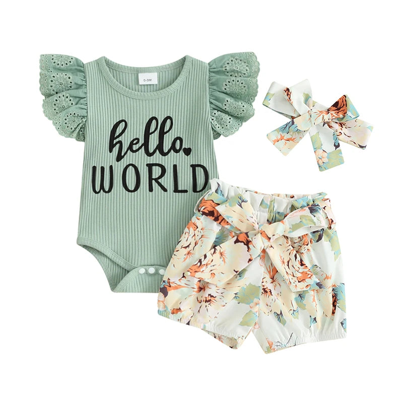 Girl's 3-Piece Fly Sleeve "Hello World" Onesie, Floral Shorts & Bow Headband Sets
