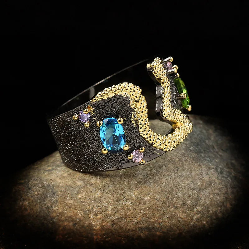 Vintage Black & Gold Style Zircon Cocktail Rings