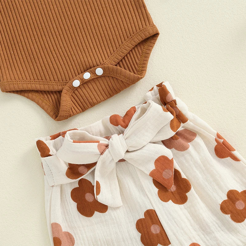 Girl's Floral or Strawberry Print Onesies, Pants & Bow Headband Sets