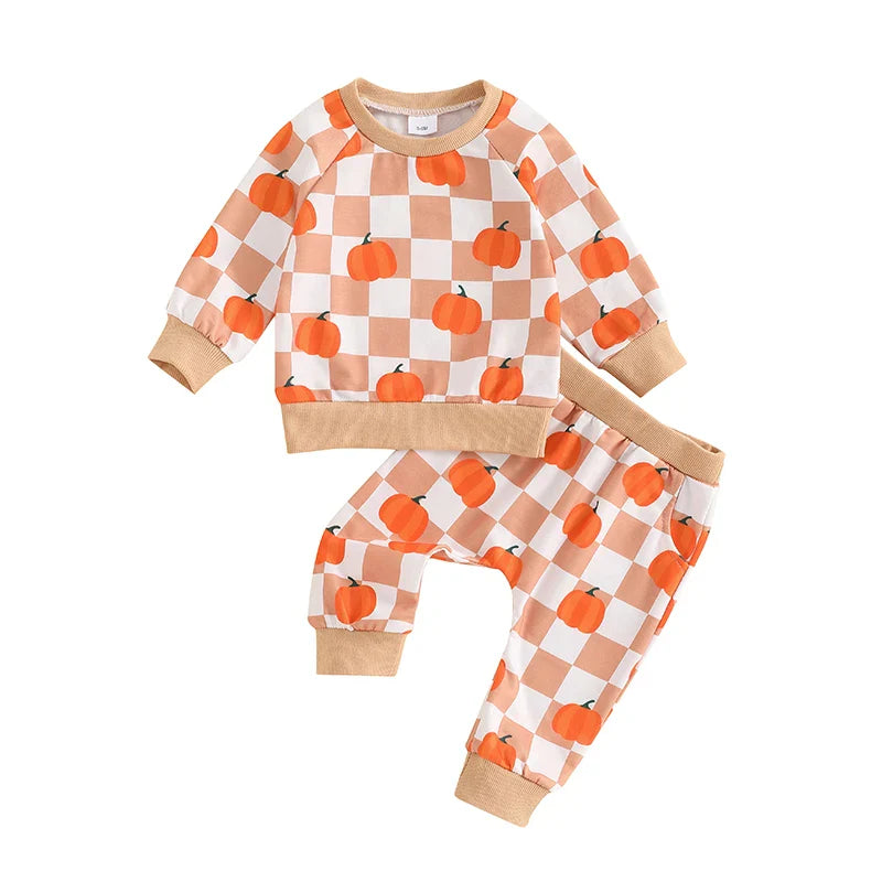 Girl's & Boy's 2-Piece Checkerboard Pumpkin Sweatshirt & Sweatpants Sets
