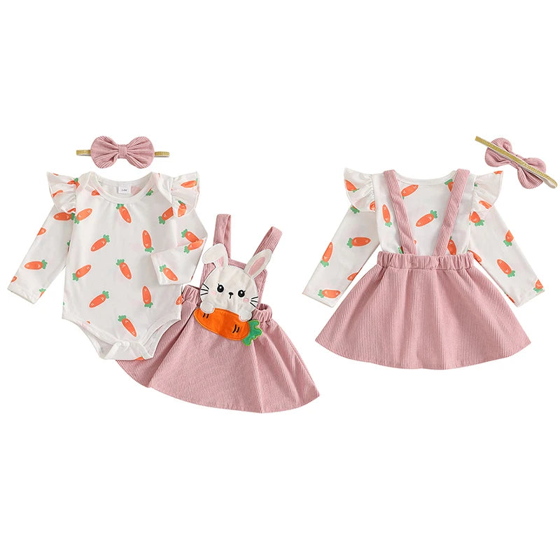 Girl's Easter Skirt Carrot Bunny Romper Carrot Embroidered Suspender Skirt & Headband Set