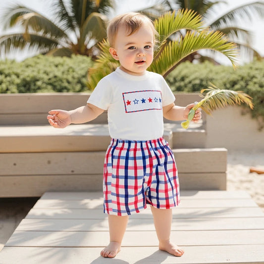Boy's 2-Piece Embroidered 4th of July T-Shirts & Plaid Shorts Sets