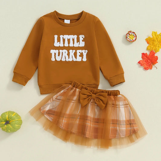 Girl's 2-Piece Embroidered "Little Turkey" Thanksgiving Sweatshirt & Plaid Tulle Skirt Sets