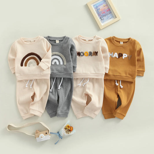 Boy's & Girl's 2-Piece "Happy" "Hooray" & Rainbow Print Sweatshirt & Pants Sets