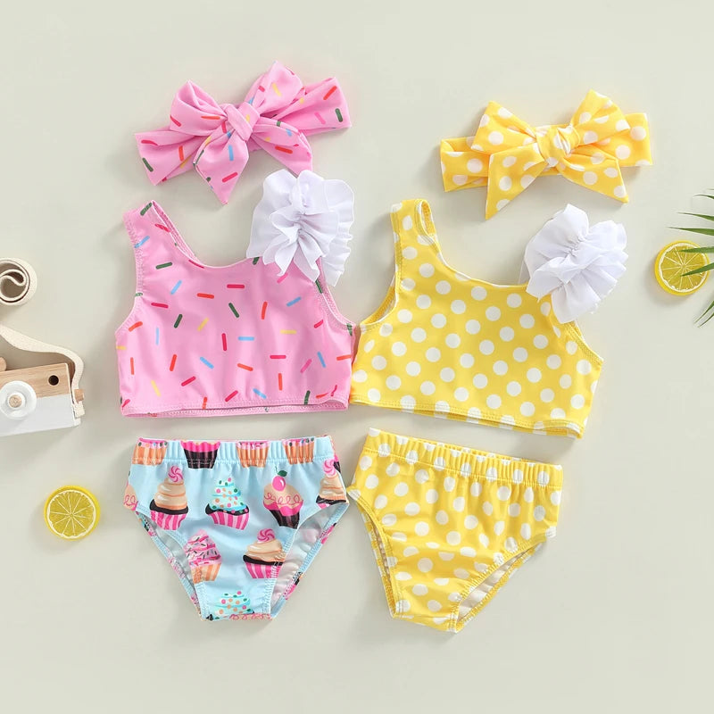Girl's 3-Piece Dot & Cup Cake Bikinis & Bow Headband Swimsuit Sets