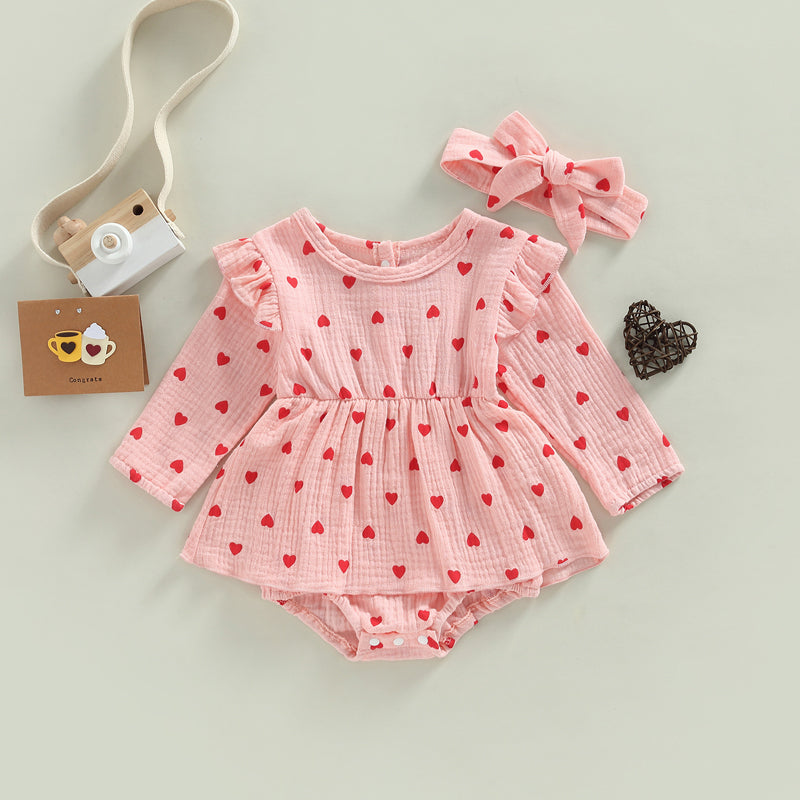 Girl's Heart Romper Dresses & Headband Sets