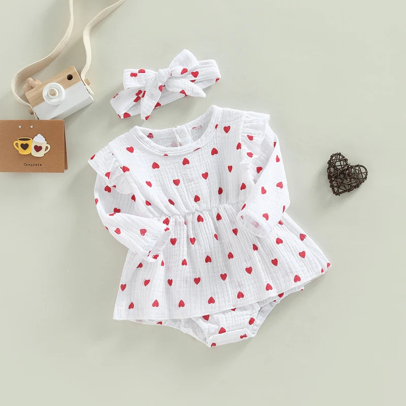 Girl's Heart Romper Dresses & Headband Sets