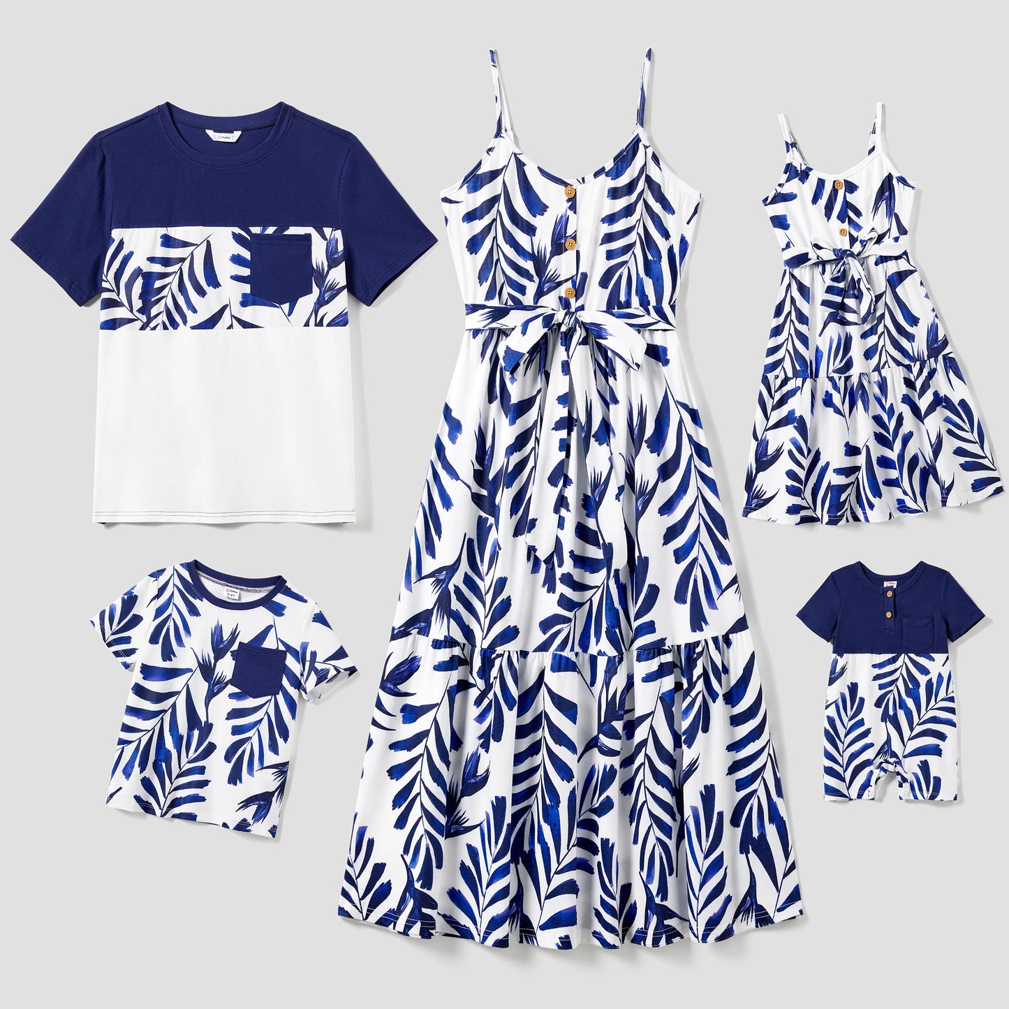 Family Matching! Modern Blue & White Botanical Leaf Button Strap Dress & Color Block Tees