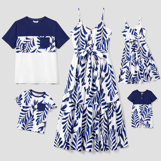 Family Matching! Modern Blue & White Botanical Leaf  Button Strap Dress & Color Block Tees
