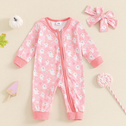 Girl's 2-Piece Long Sleeve Ghost Print Halloween Jumpsuit with Headband