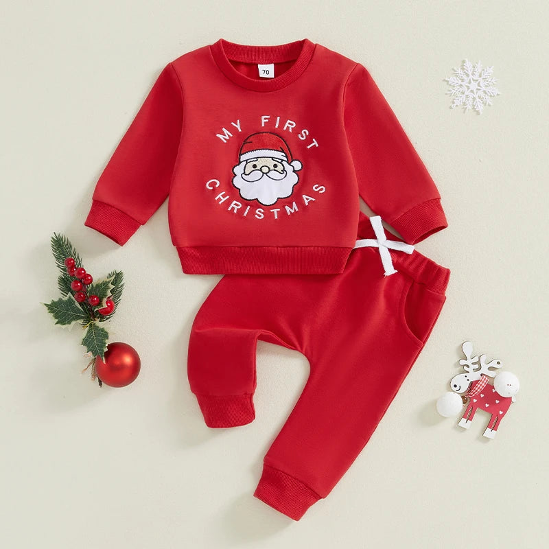 Boy's & Girl's 2-Piece Christmas Embroidered "My First Christmas" Santa Sweatshirt & Pants Sets