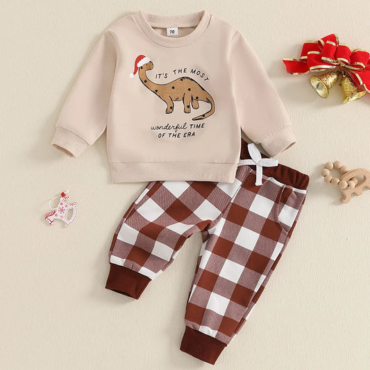 Boy's 2-Piece Christmas Dinosaur "It's the Most Wonderful Time of the Era" Sweatshirt & Plaid Pants Sets