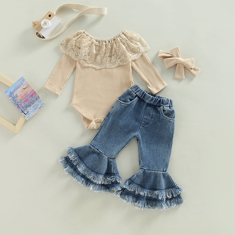Girl's Ruffled Top, Denim Bell-Bottoms & Bow Headband Sets