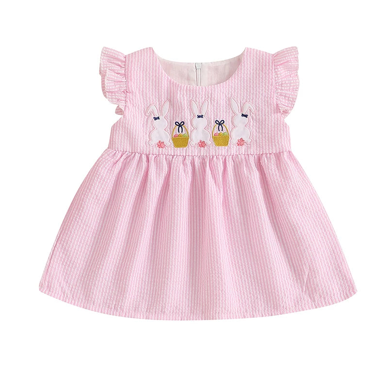 Girl's Dress Ruffle Sleeveless Round Neck Bunny Embroidered Loose Dress Vacation Dress