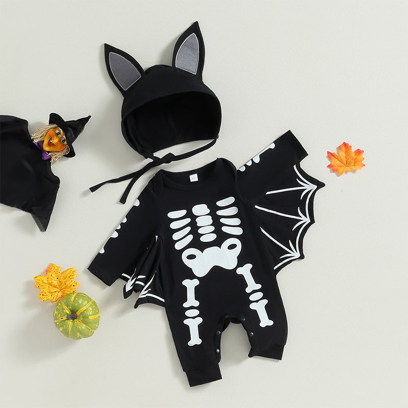 Halloween Costumes! 2-Piece Boy's & Girl's Skeleton Bat Jumpsuit & Hat Set