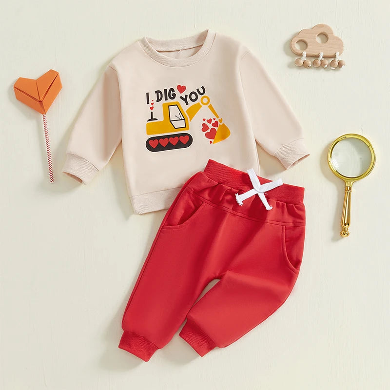 Boy's 2-Piece "I Dig You" Valentine's Excavator Top & Pants Sets