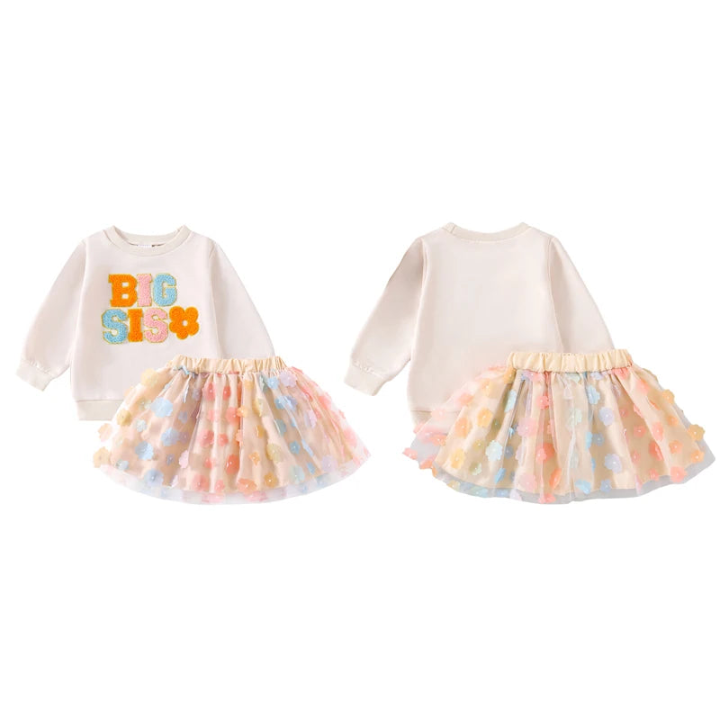 Girl's "Little Sis" & "Big Sis" Embroidered Flower Sweatshirts & Tulle Skirt Sets