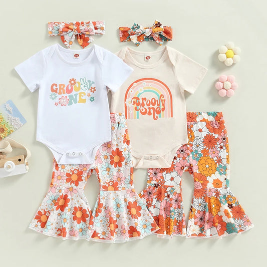 Girl's Floral "Groovie One" Onesie, Flared Pants & Bow Headband Sets