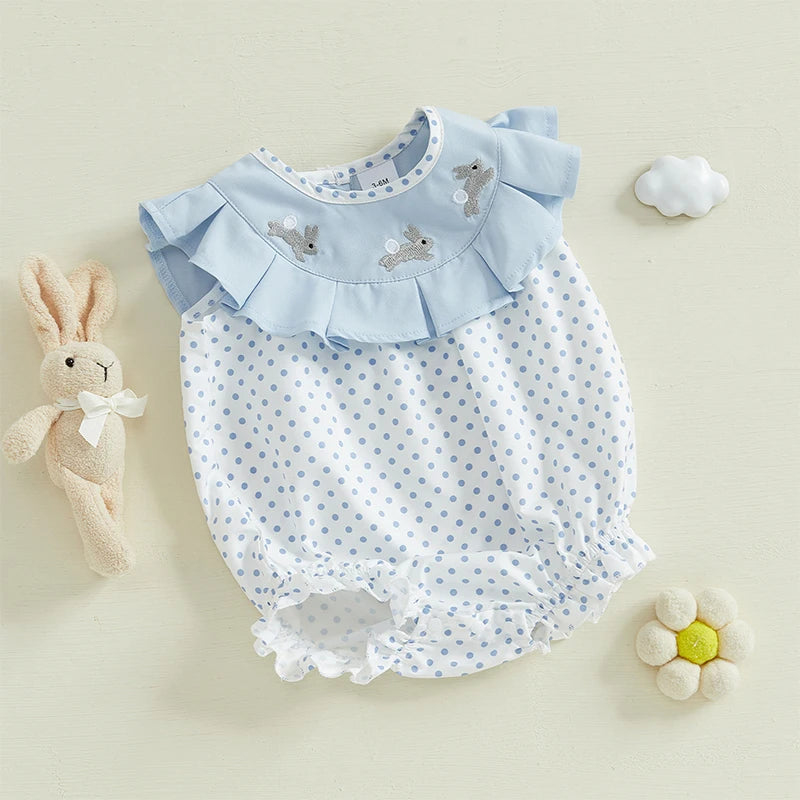 Girl's Sleeveless Embroidered Easter Bunny Rompers