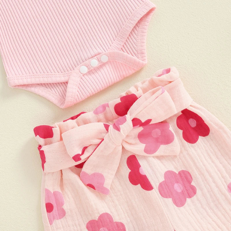 Girl's Floral or Strawberry Print Onesies, Pants & Bow Headband Sets