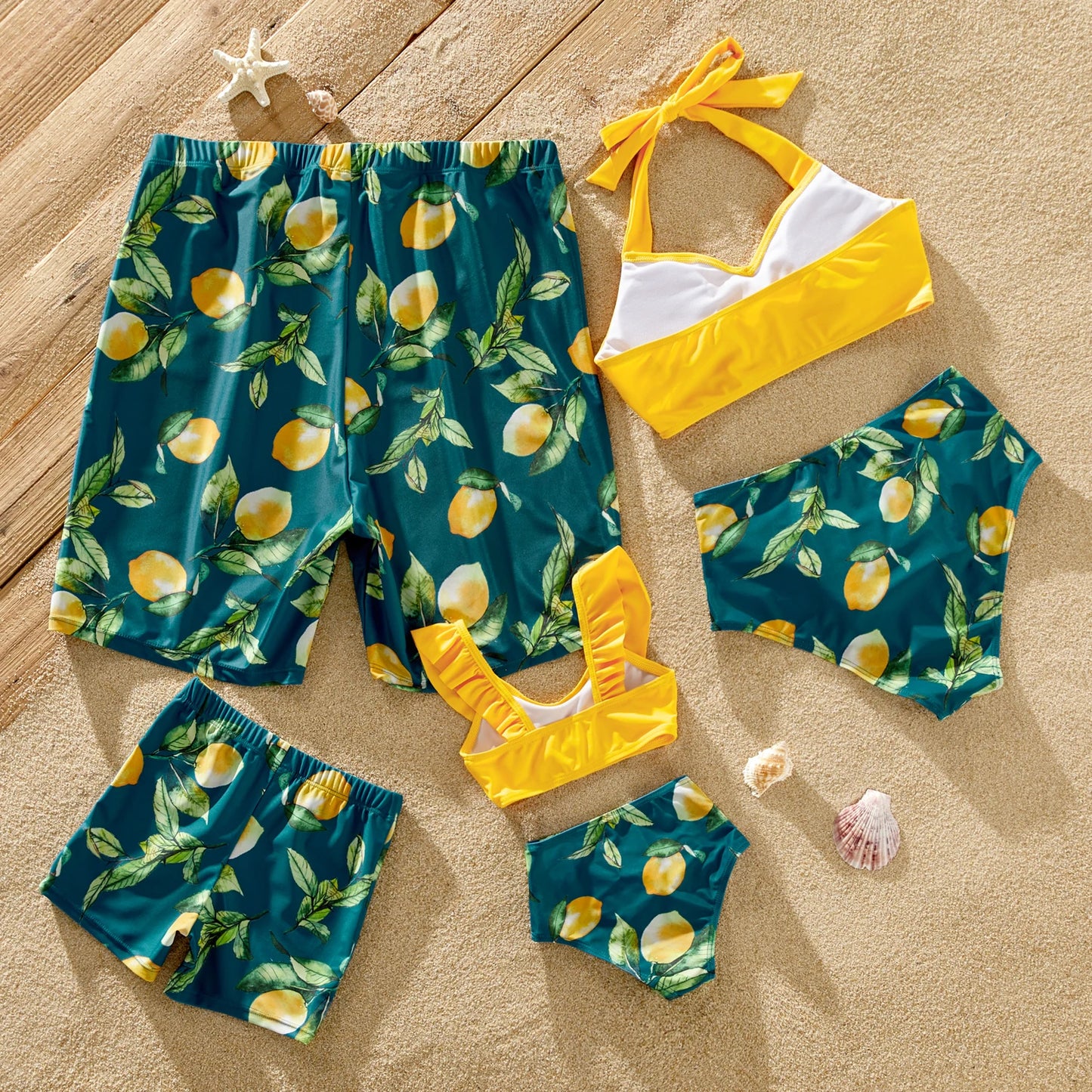 Family Matching! Lemon Print & Solid Halter Neck Two-piece Swimsuit or Swim Trunks Shorts