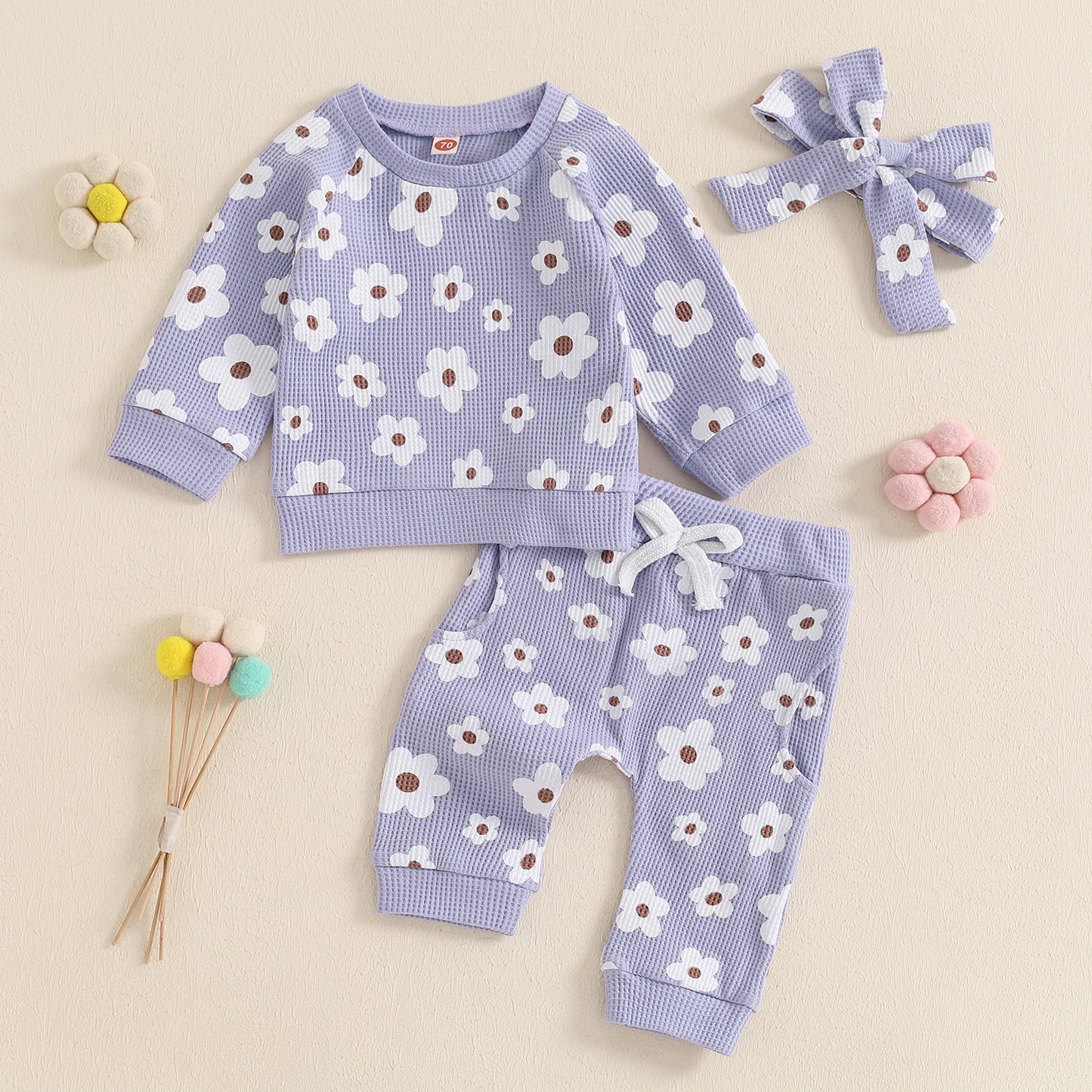 Girl’s 2-Piece Flower Sweatshirt, Pants& Bow Headband Sets