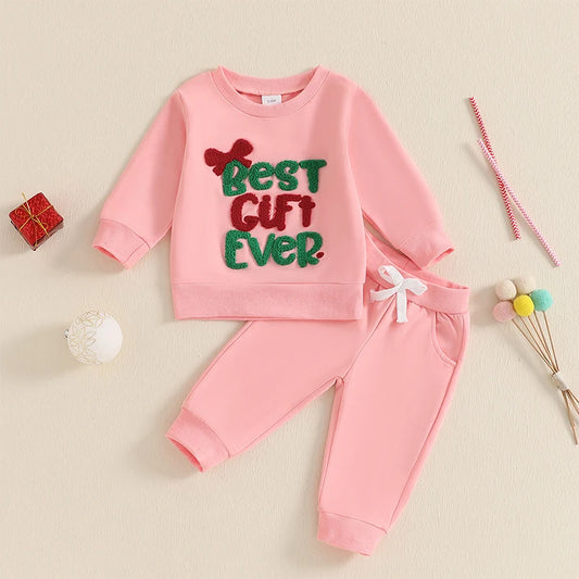 Girl's 2-Piece Christmas Embroidered "Best Gift Ever" Sweatshirt & Pants Sets