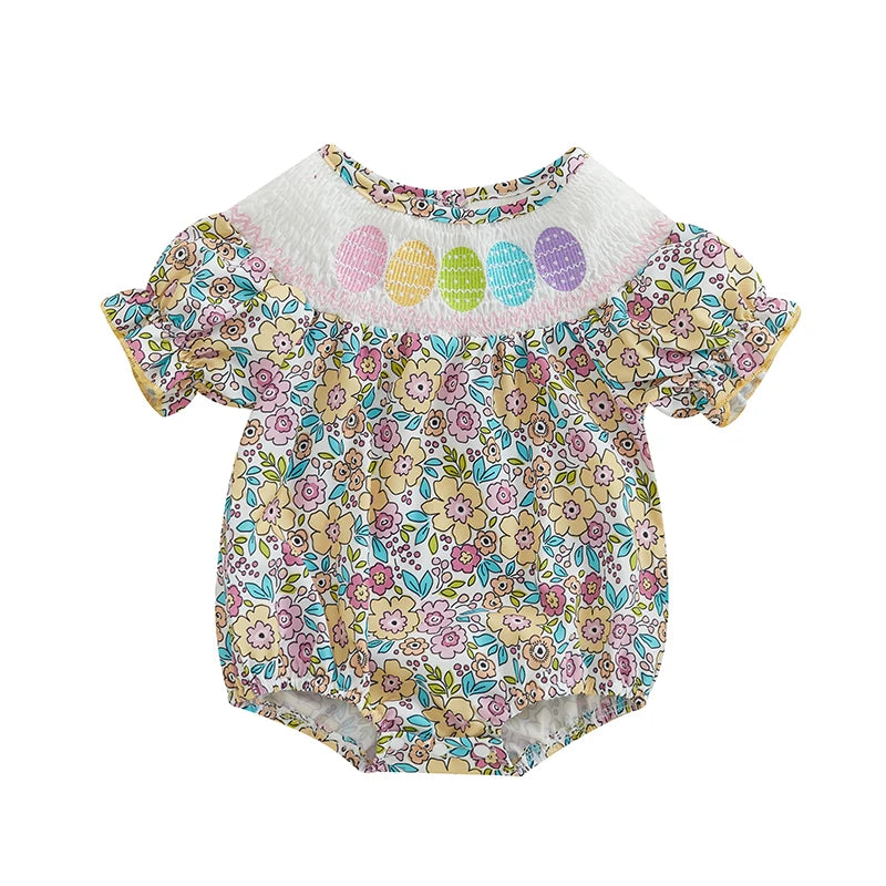 Girl's Smocked Floral Embroidered Easter Bunny Rompers