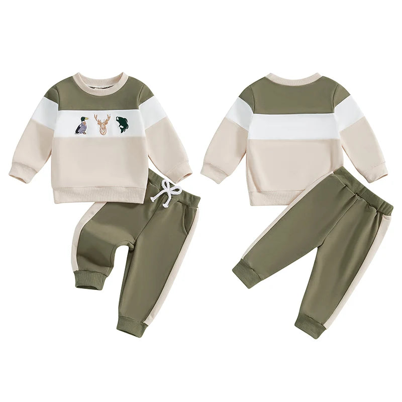 Boy's 2-Piece Embroidered Deer & Duck Hunting & Fishing Sweatshirt & Pants Sets