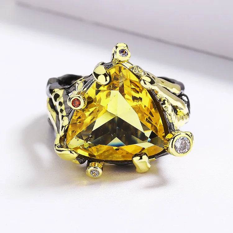 3-Piece Citrine Zircon Black & Gold Style Rings, Necklace & Earrings Sets